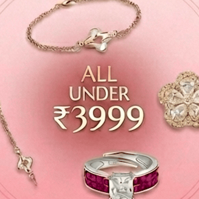 Jewelry set including a bracelet, ring, and earrings on a pink background with text indicating price range.