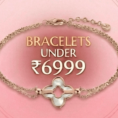 Gold bracelet with clover design on a pink background, featuring text about price range.