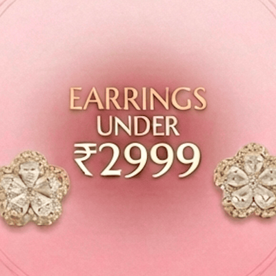 Pair of earrings on a pink background with text indicating price range.