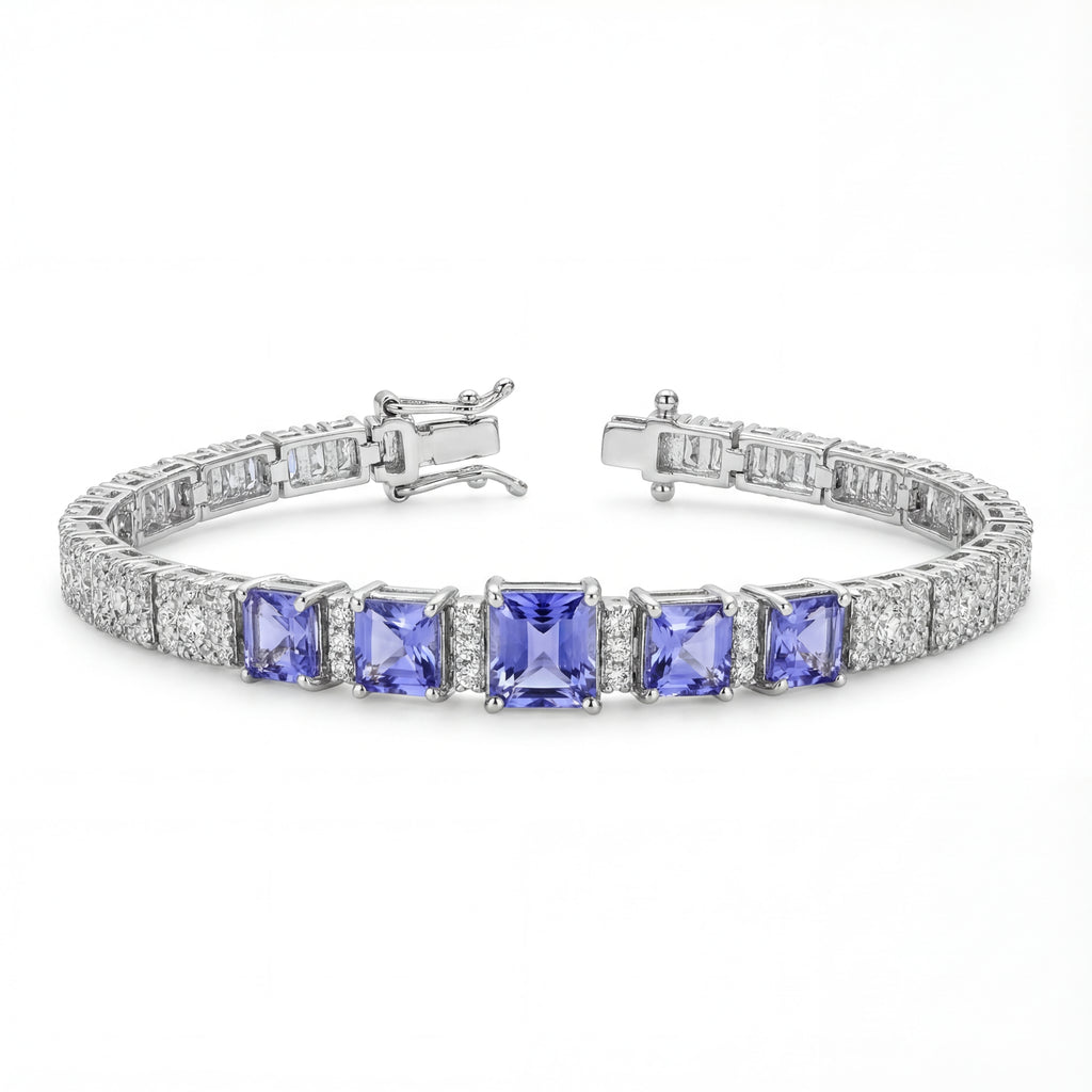 Silver bracelet with purple gemstones on a white background