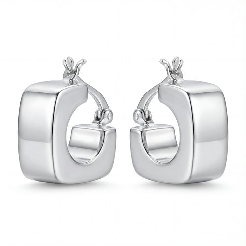 Pair of silver hoop earrings on a white background