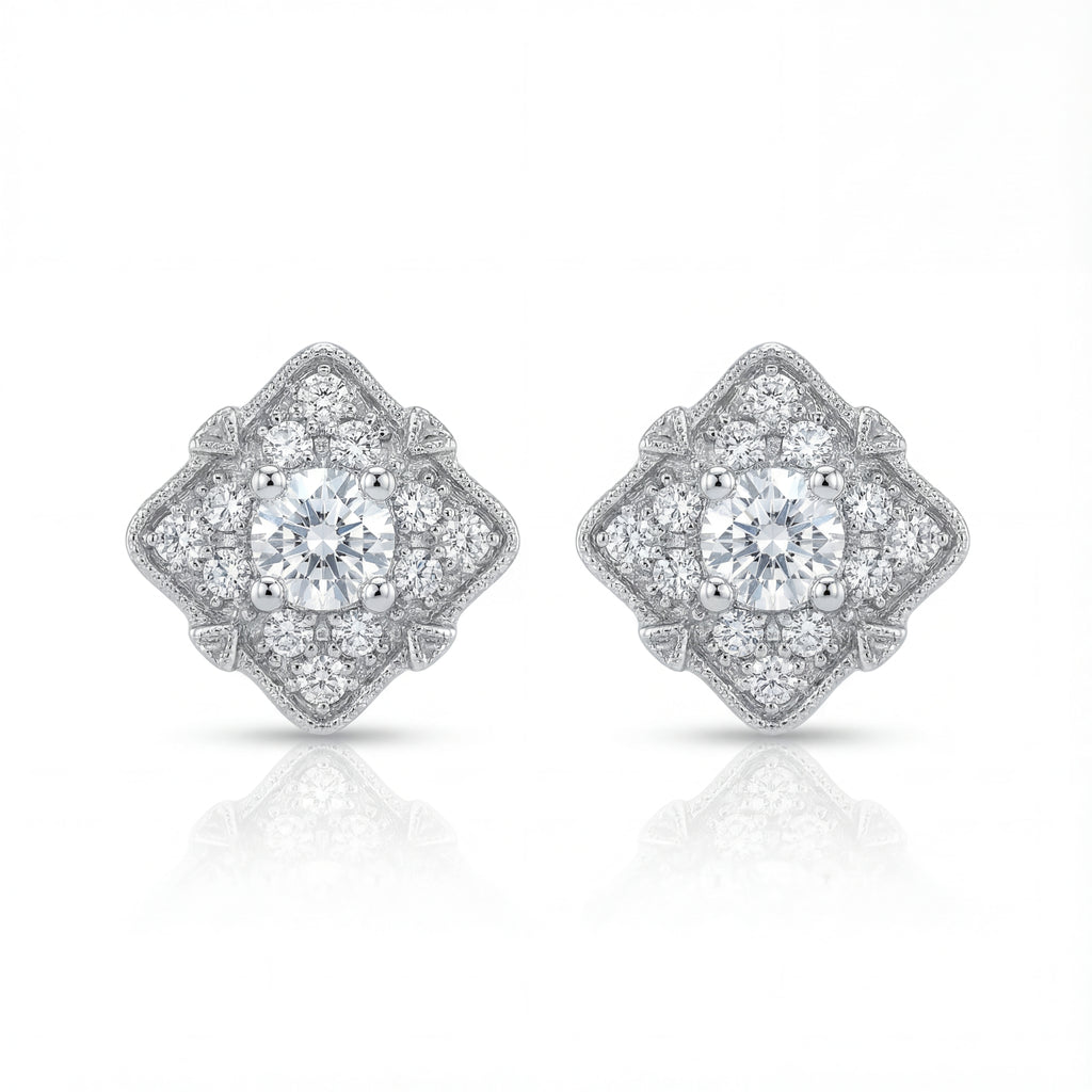 Pair of diamond earrings on a white background