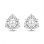 Pair of pearl earrings with diamond accents on a white background