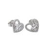 Heart-shaped silver earrings with clear gemstones on a white background