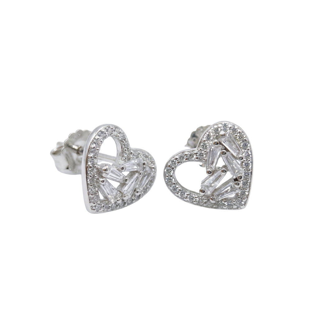 Heart-shaped silver earrings with clear gemstones on a white background