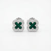 Pair of clover-shaped earrings with green centers and silver borders on a white background