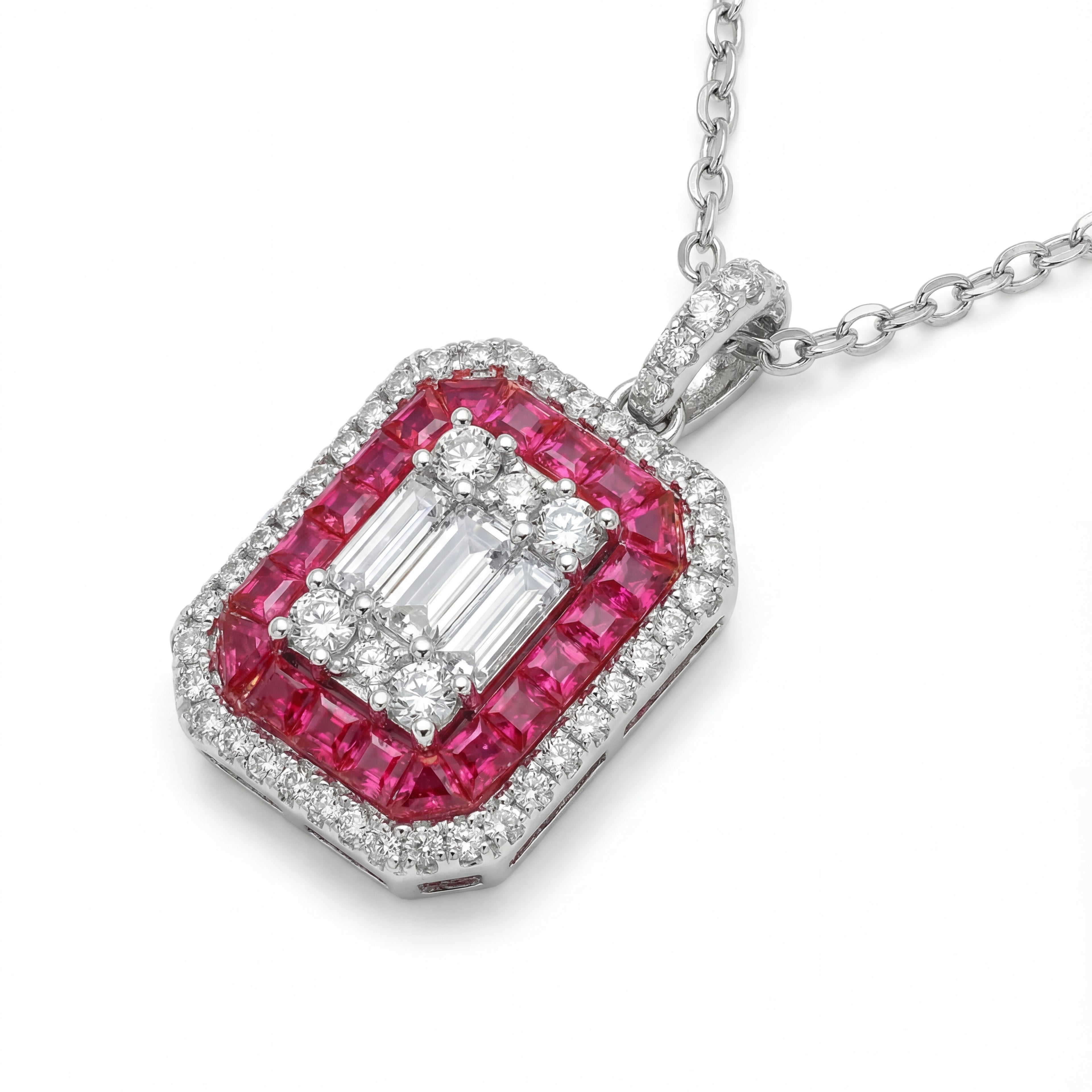 Diamond and ruby pendant on a white background
