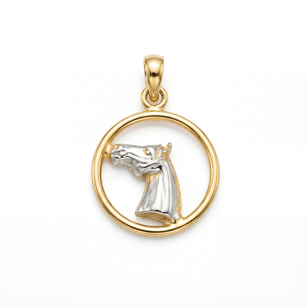Gold and silver horse head pendant on a white background