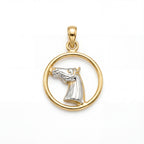 Gold and silver horse head pendant on a white background