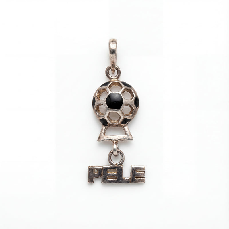 Silver pendant with soccer ball design and 'PELE' text on a white background