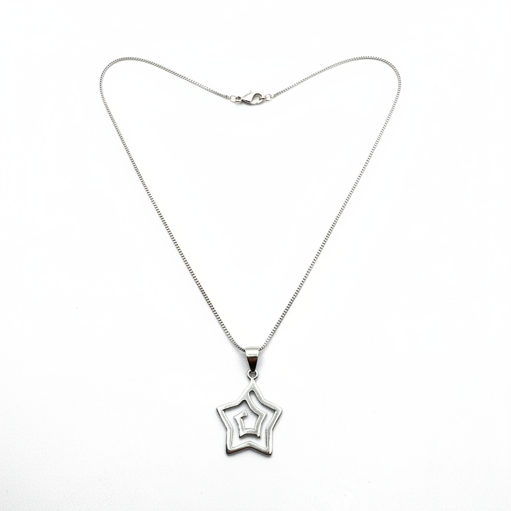 Silver star-shaped pendant on a chain against a white background